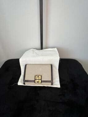 Givenchy GV3 Small Trifold Wallet Beige Canvas Brown Leather Auth COA Italy
